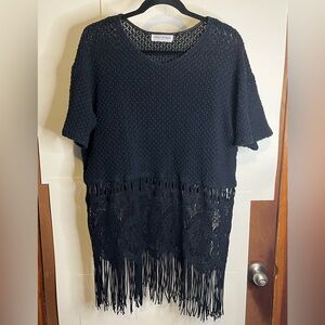 Vintage Sharon Anthony Black Knit Crochet Fringe Mini Dress